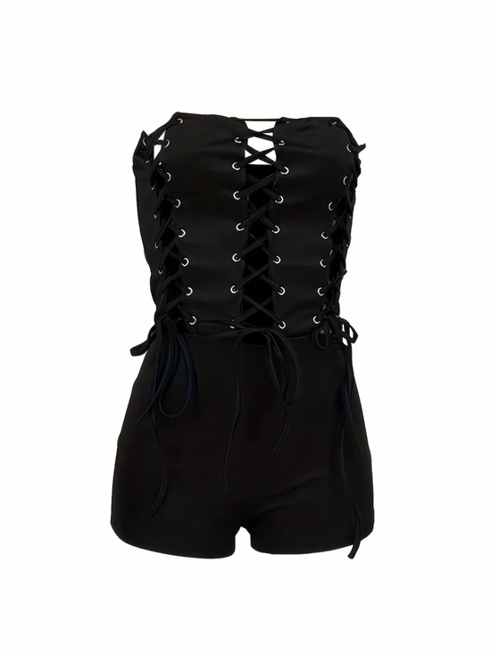 Fashion Nova Pants - Black Lace-Up Strapless Romper